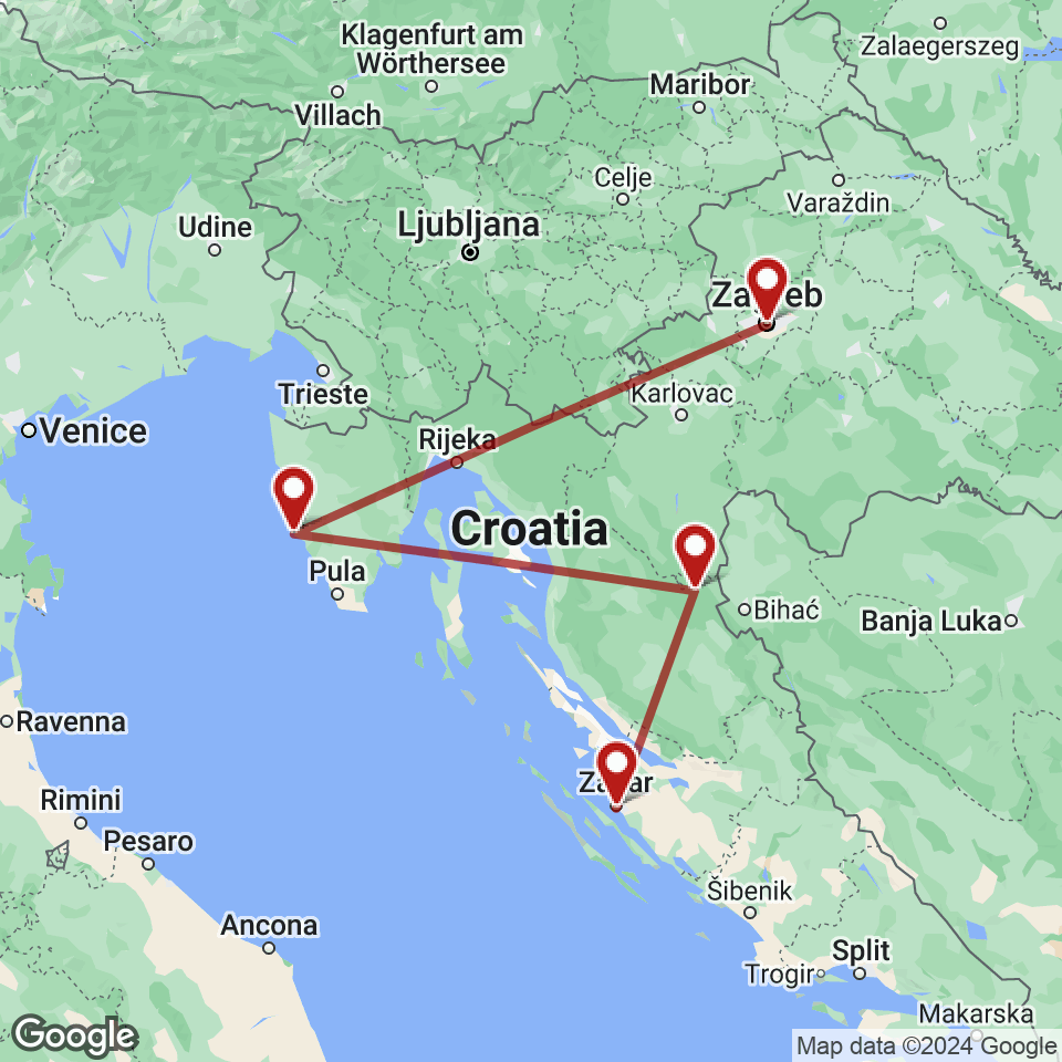 Route for Zagreb, Rovinj, Plitvice, Zadar tour